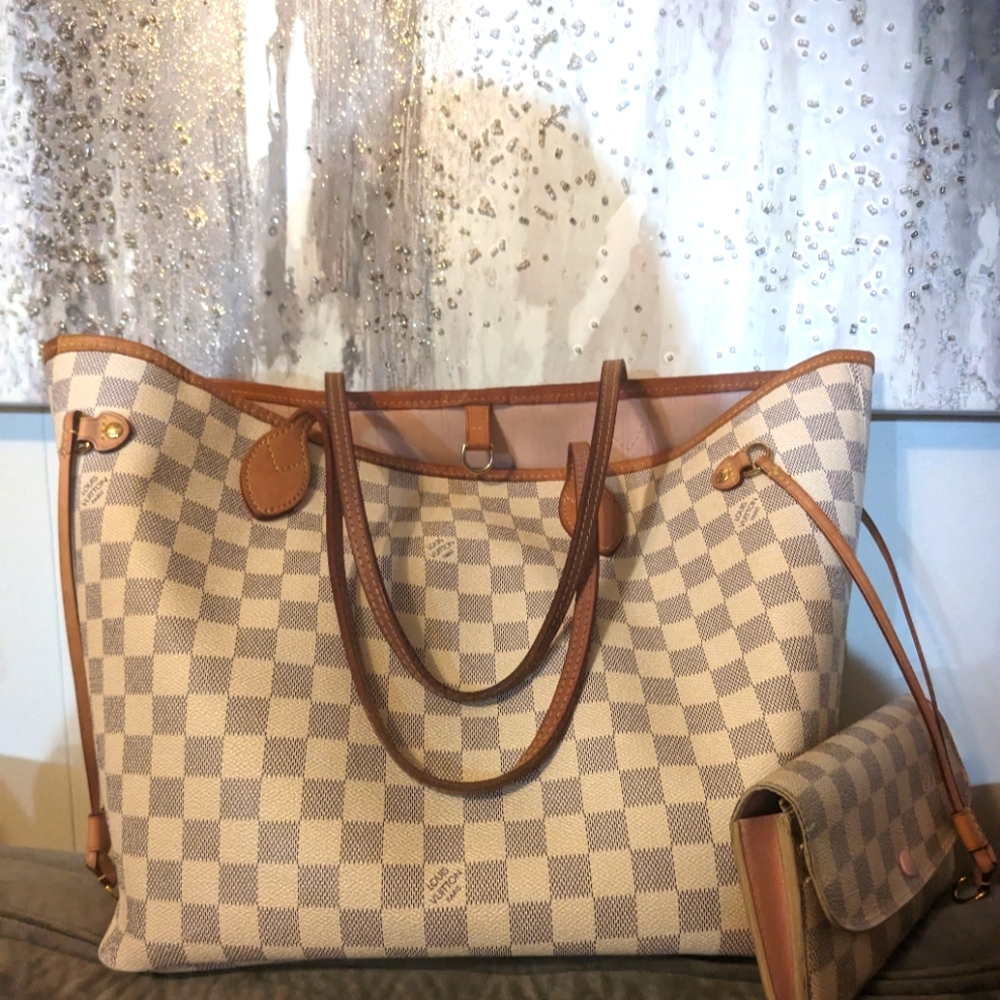 Louis Vuitton Damier Azur Neverfull MM Rose Ballerine interior(with free wallet)